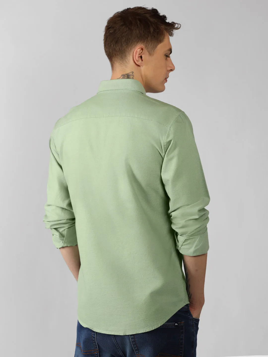 Men's Green Solid Button Down Collar Full Sleeve Regular Fit Shirt