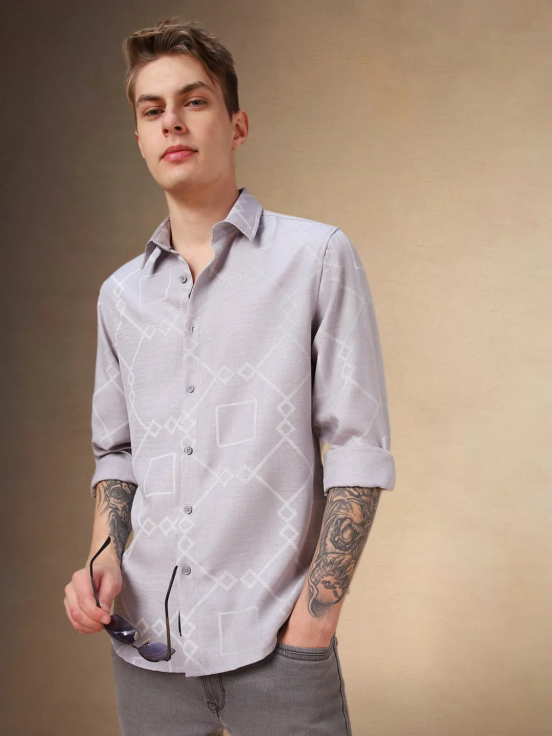 Men's Grey Printed Spread Collar Full Sleeves Shirt