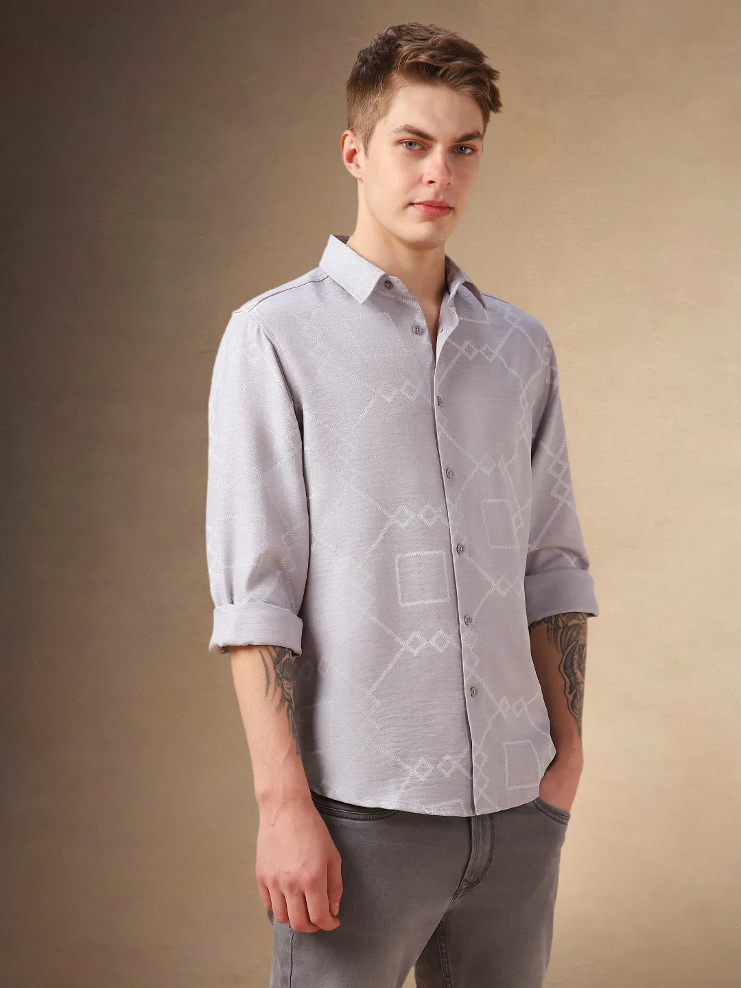 Men's Grey Printed Spread Collar Full Sleeves Shirt