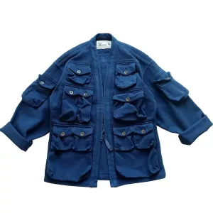 Men's Hanten Jacket with Multi-pockets - Blue Kimono Japanese Style