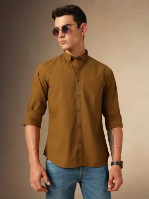 Men's Khaki Solid Button Down collar Full Sleeves Casual Shirt