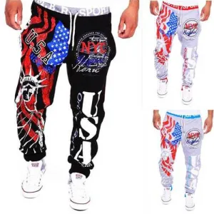 Men's Lace-Up Fashion Sports Jogger Pants Statue of Liberty American Flag Printing Hip-hop Sweatpants