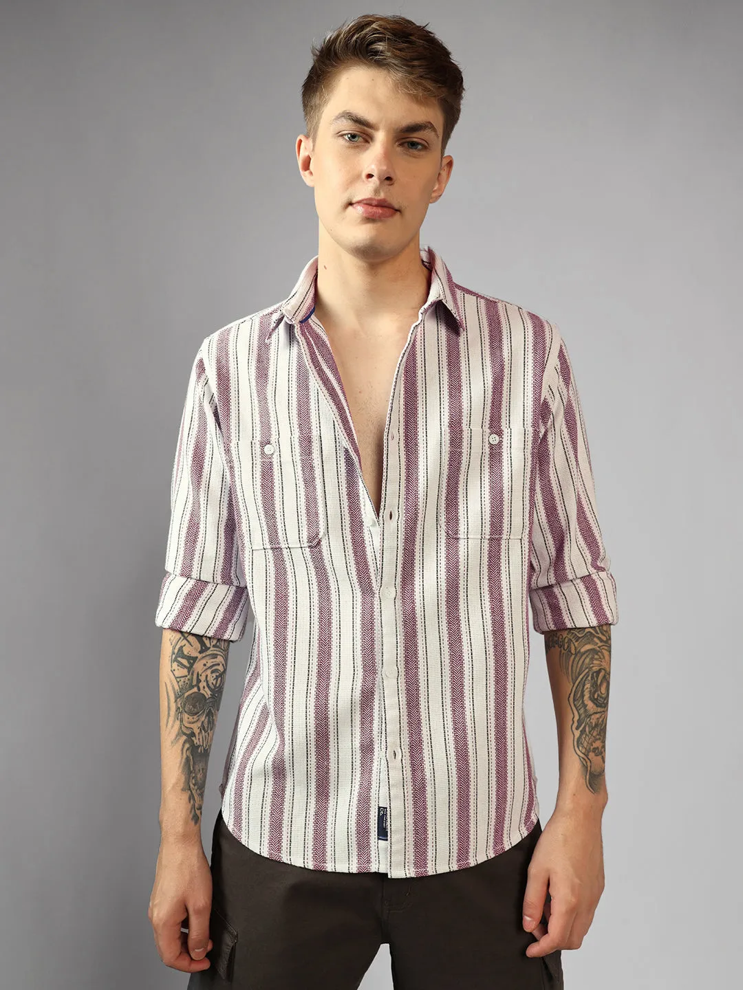 Men's Maroon Striped Spread Collar Long Sleeves Relaxed Fit Casual Shirt