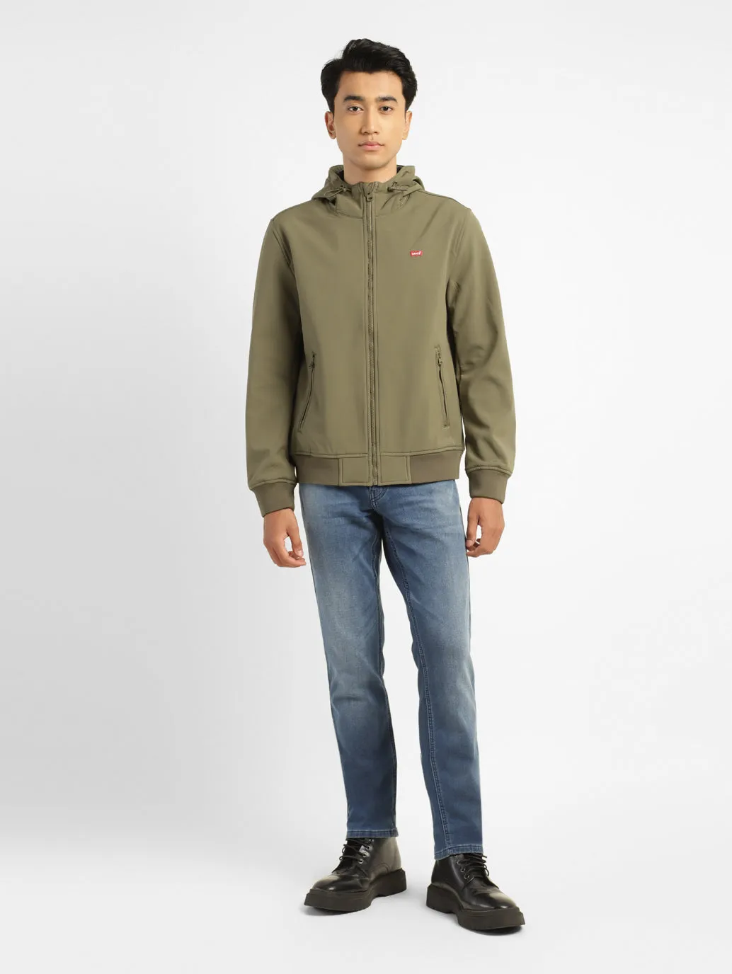 Men's Solid olive green Hooded Bomber Jacket