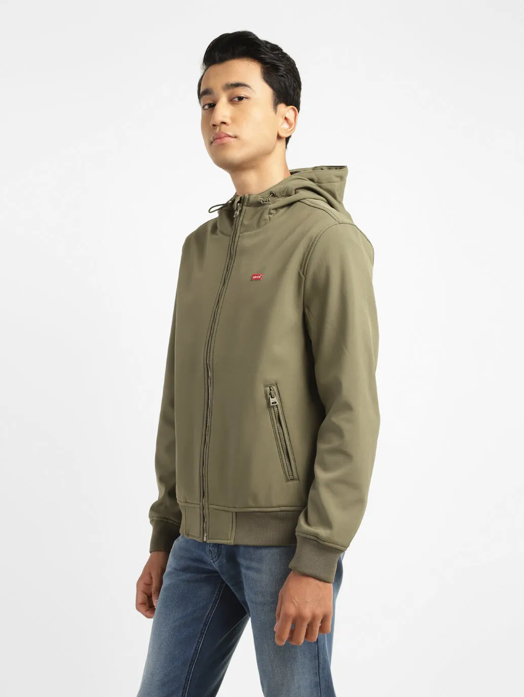 Men's Solid olive green Hooded Bomber Jacket