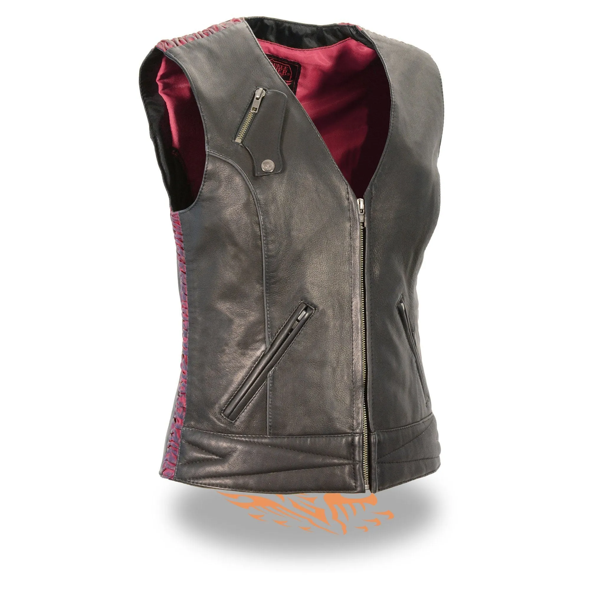 Milwaukee Leather-MLL4571-Ladies Black and Purple Lightweight Snap Front Vest with Crinkle Detailing