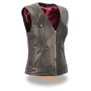 Milwaukee Leather-MLL4571-Ladies Black and Purple Lightweight Snap Front Vest with Crinkle Detailing