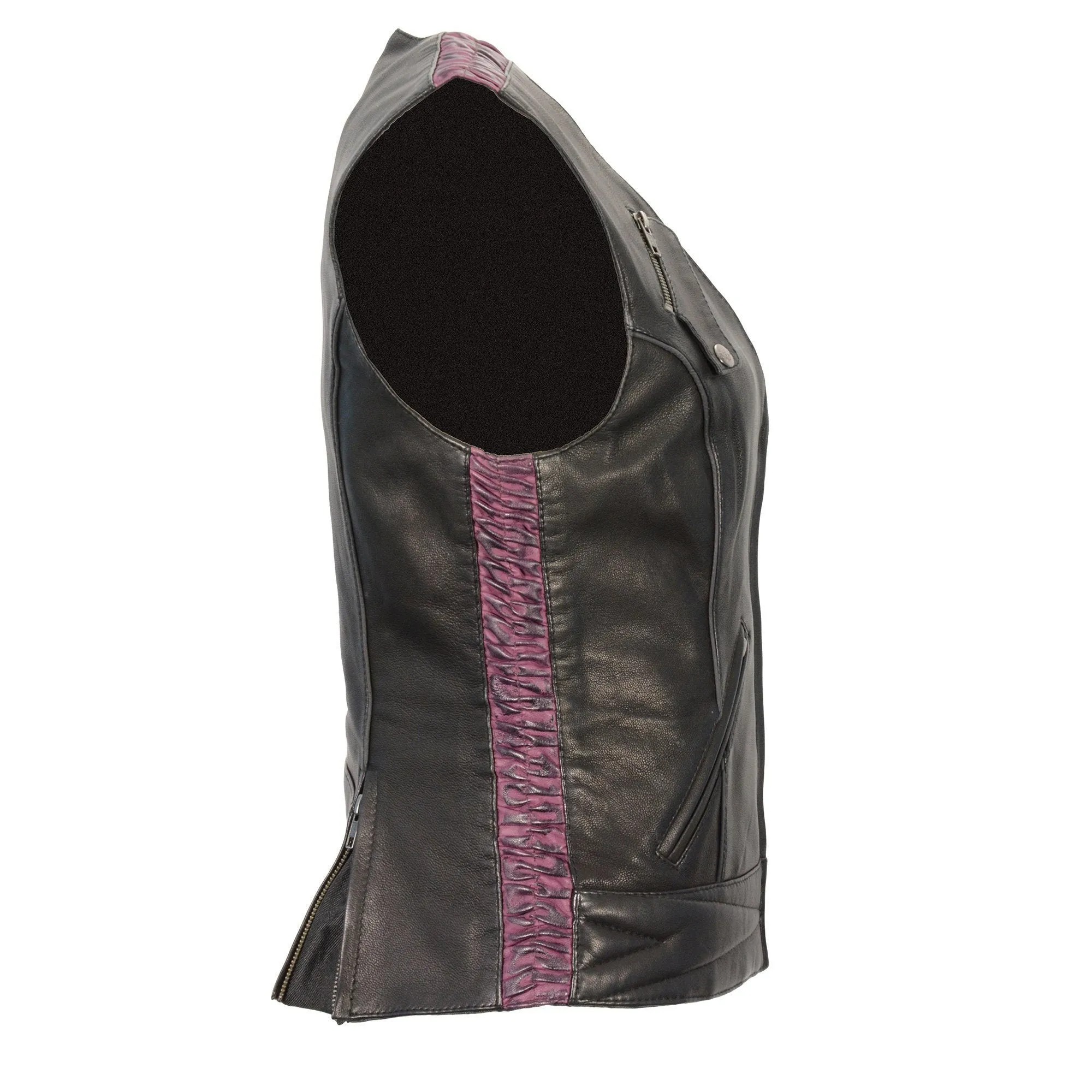 Milwaukee Leather-MLL4571-Ladies Black and Purple Lightweight Snap Front Vest with Crinkle Detailing