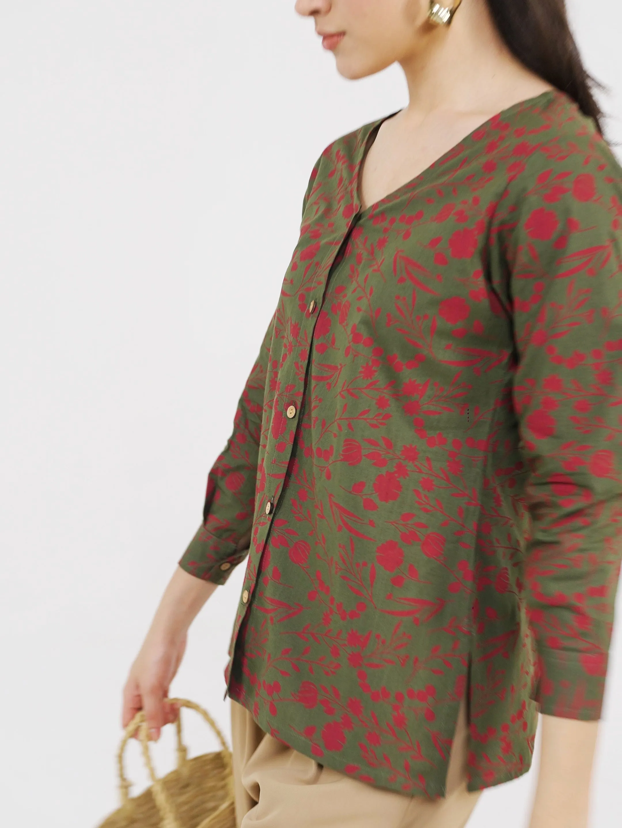 Olive V Neck Printed Shirt