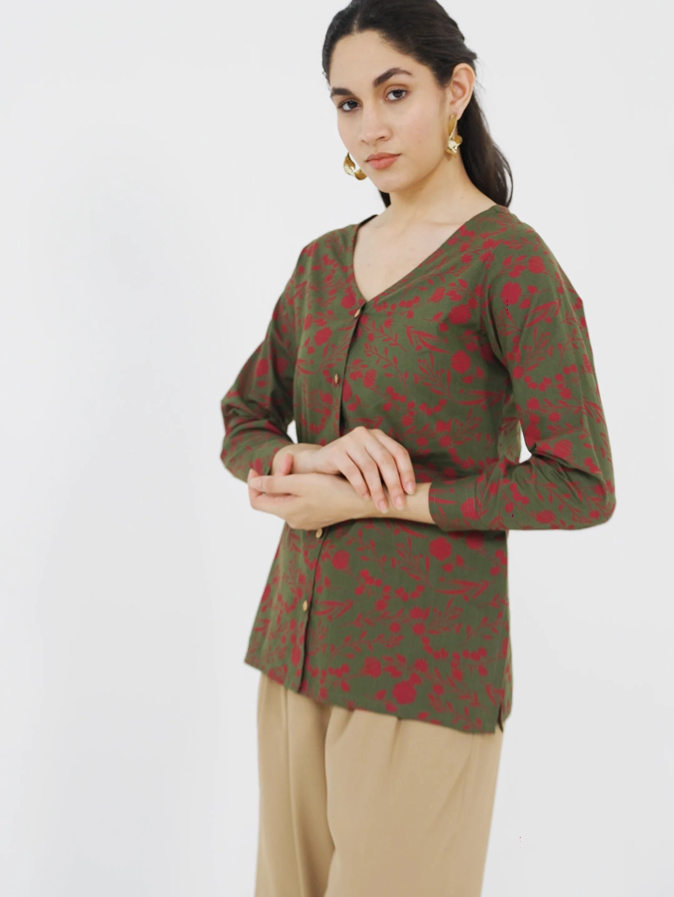 Olive V Neck Printed Shirt