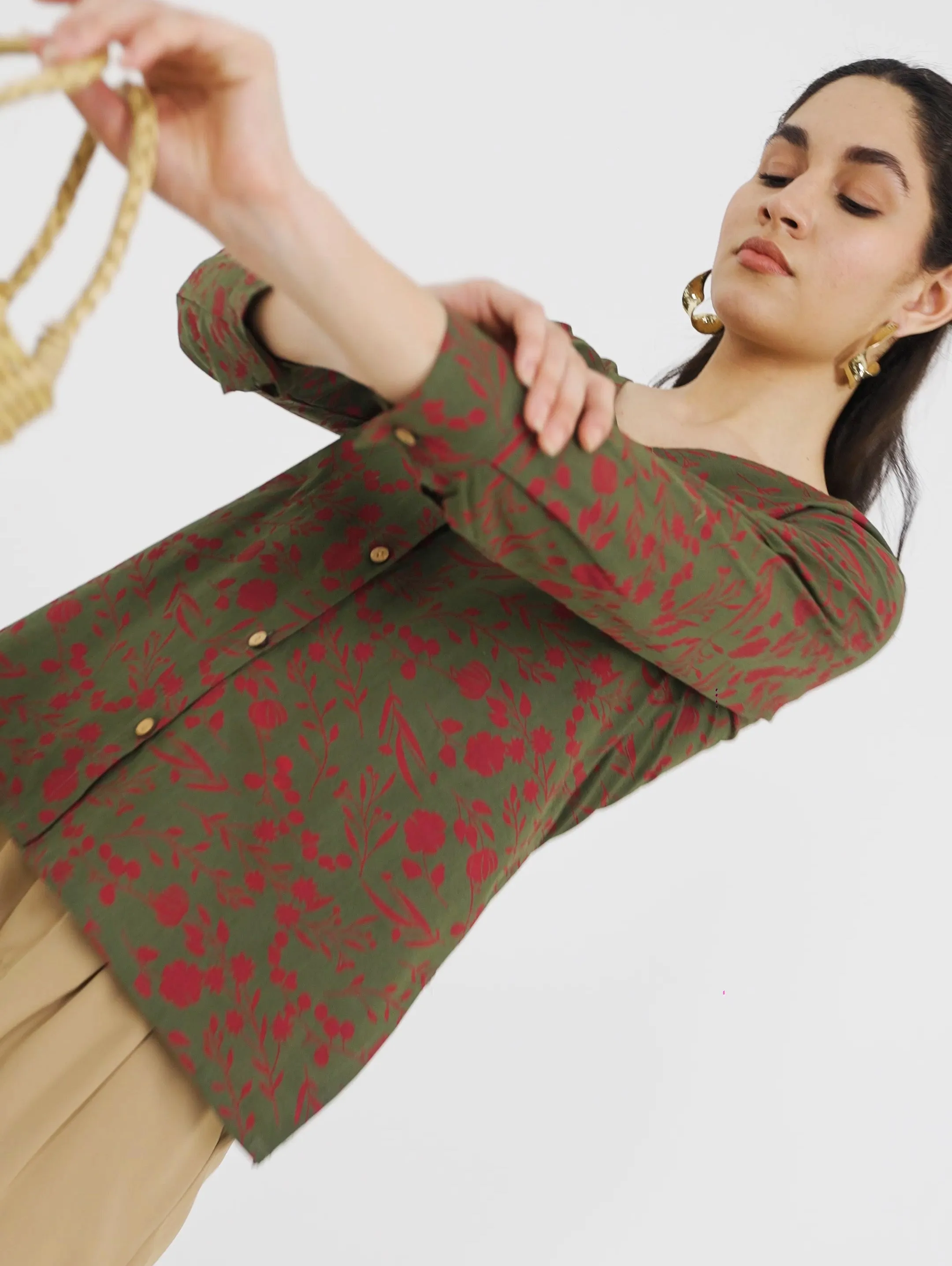 Olive V Neck Printed Shirt