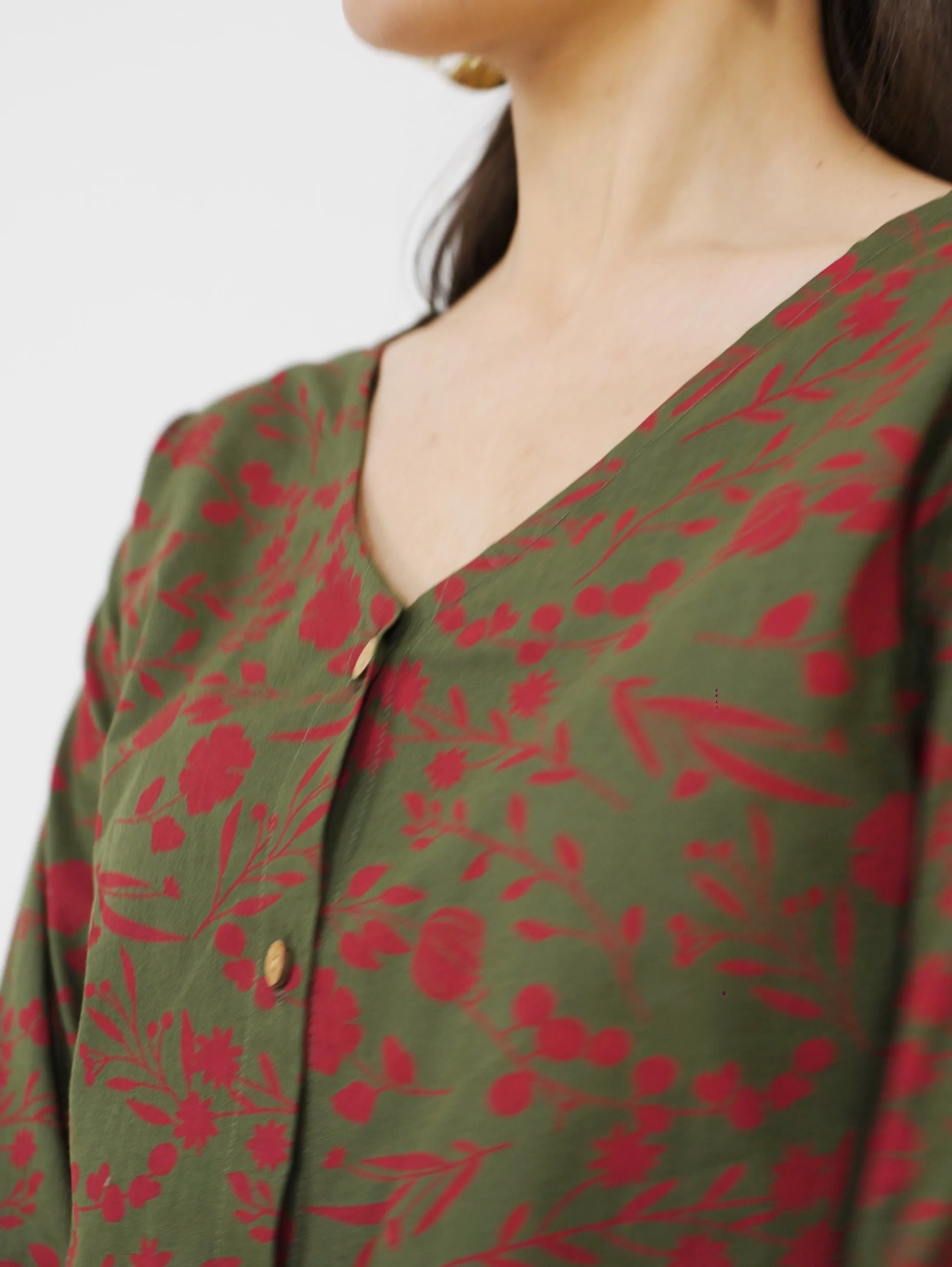 Olive V Neck Printed Shirt