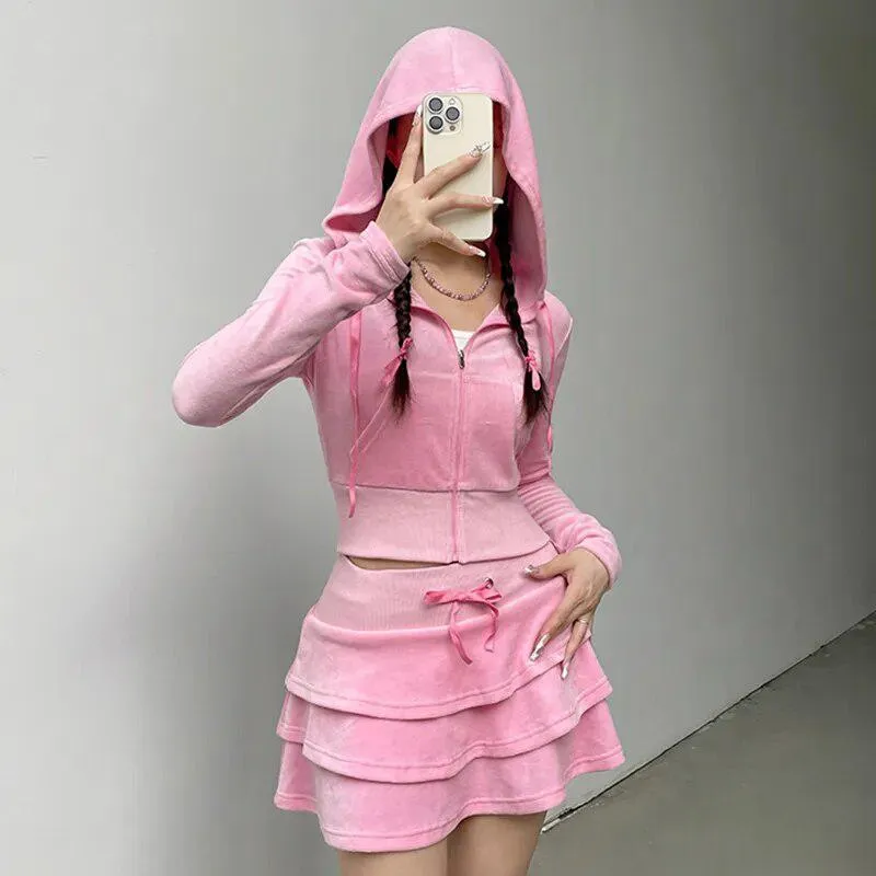 Pink Aesthetic Skirt & Hoodie Two Piece Set