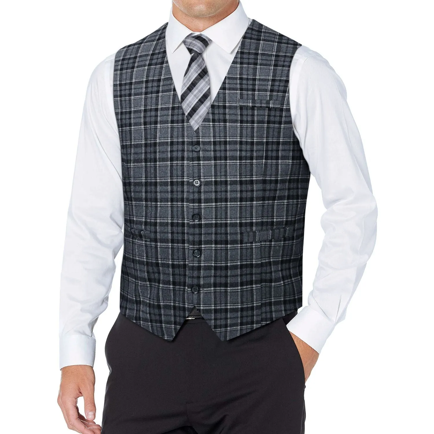 Plaid Slim Suit Vest - B-GREY