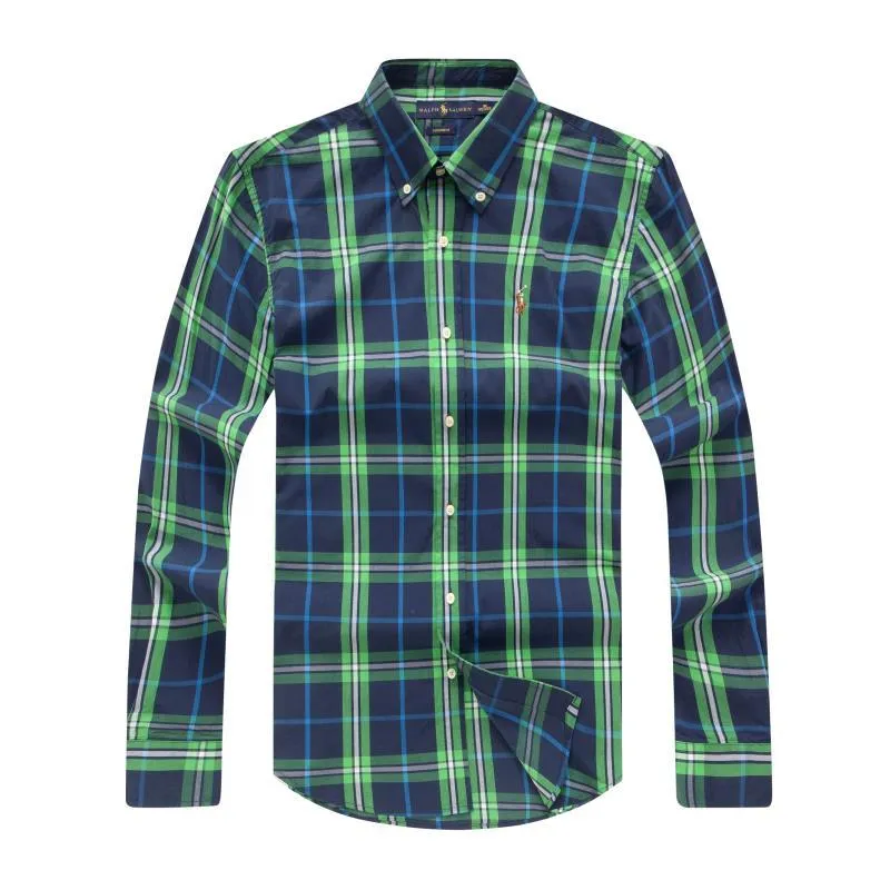 PRL Custom Fit Madras Check Button Down Long Sleeve Shirt- Green