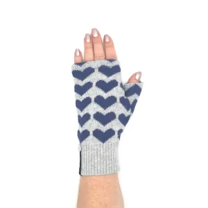 Recycled gray and blue hearts cotton Kitten Mittens, short