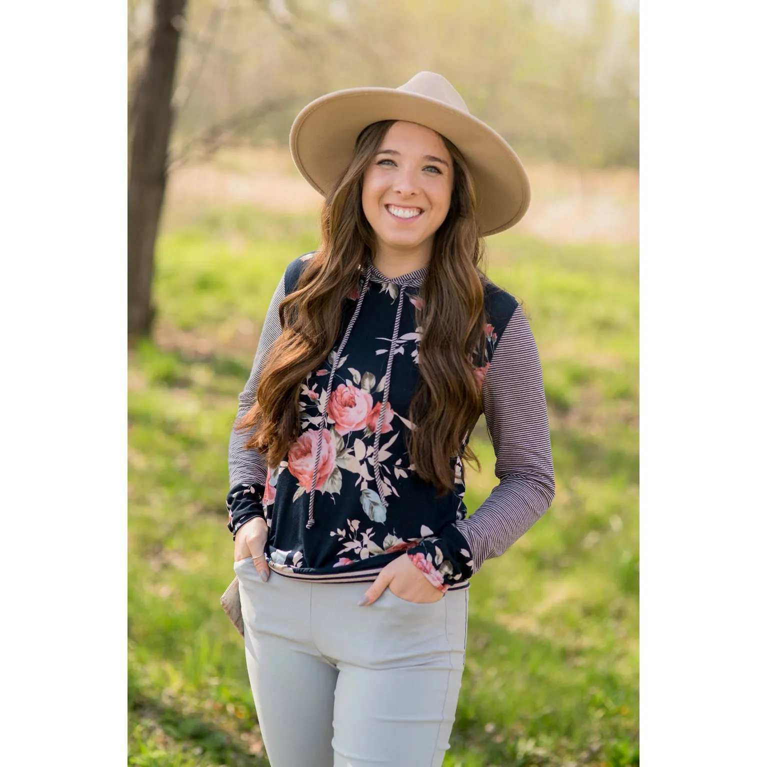 Striped Sleeve Floral Hoodie