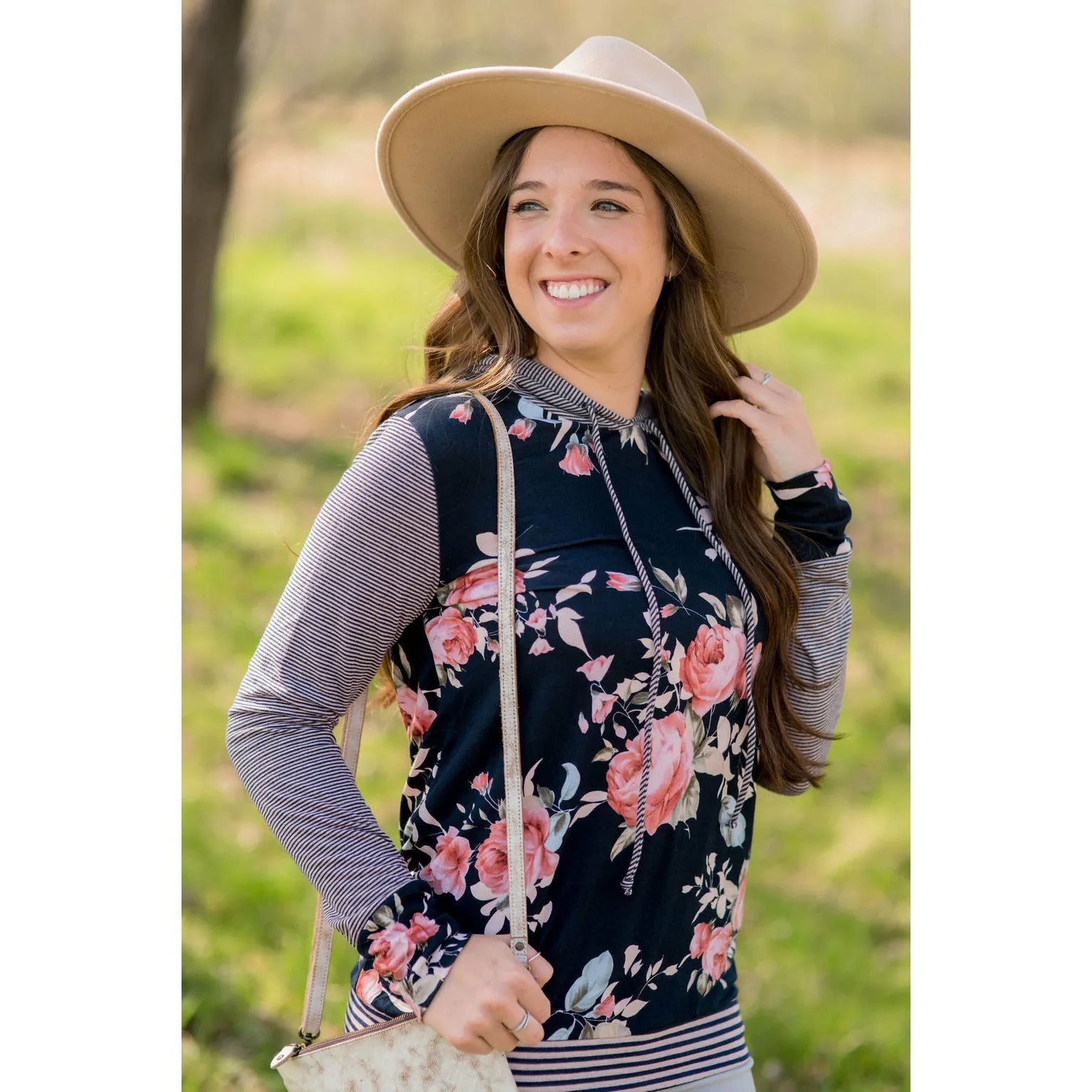 Striped Sleeve Floral Hoodie