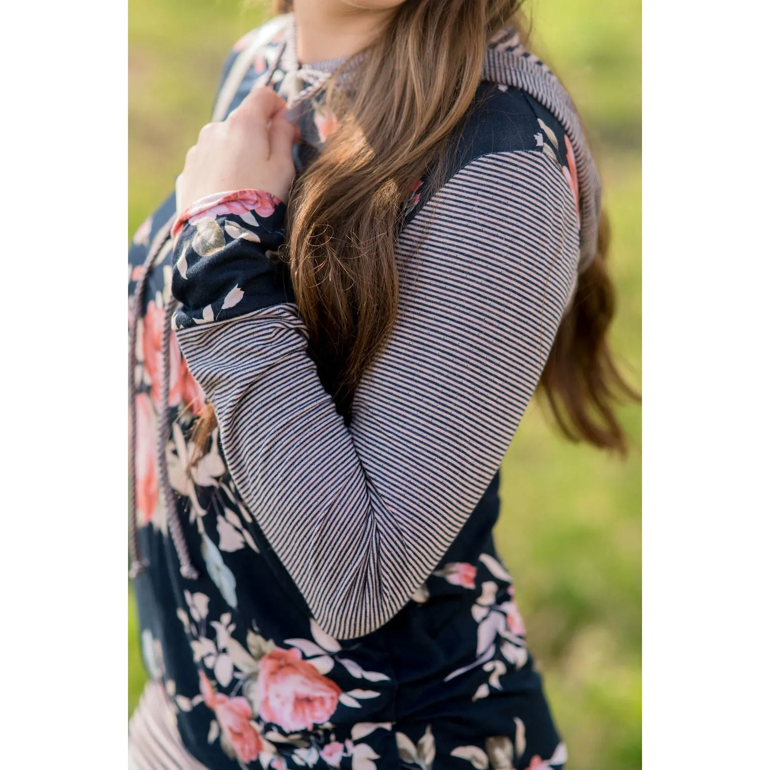 Striped Sleeve Floral Hoodie