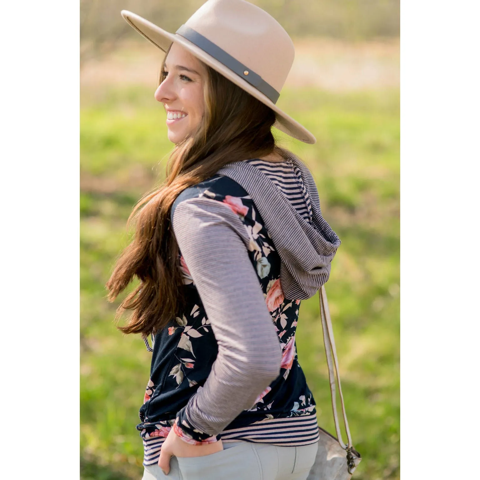 Striped Sleeve Floral Hoodie