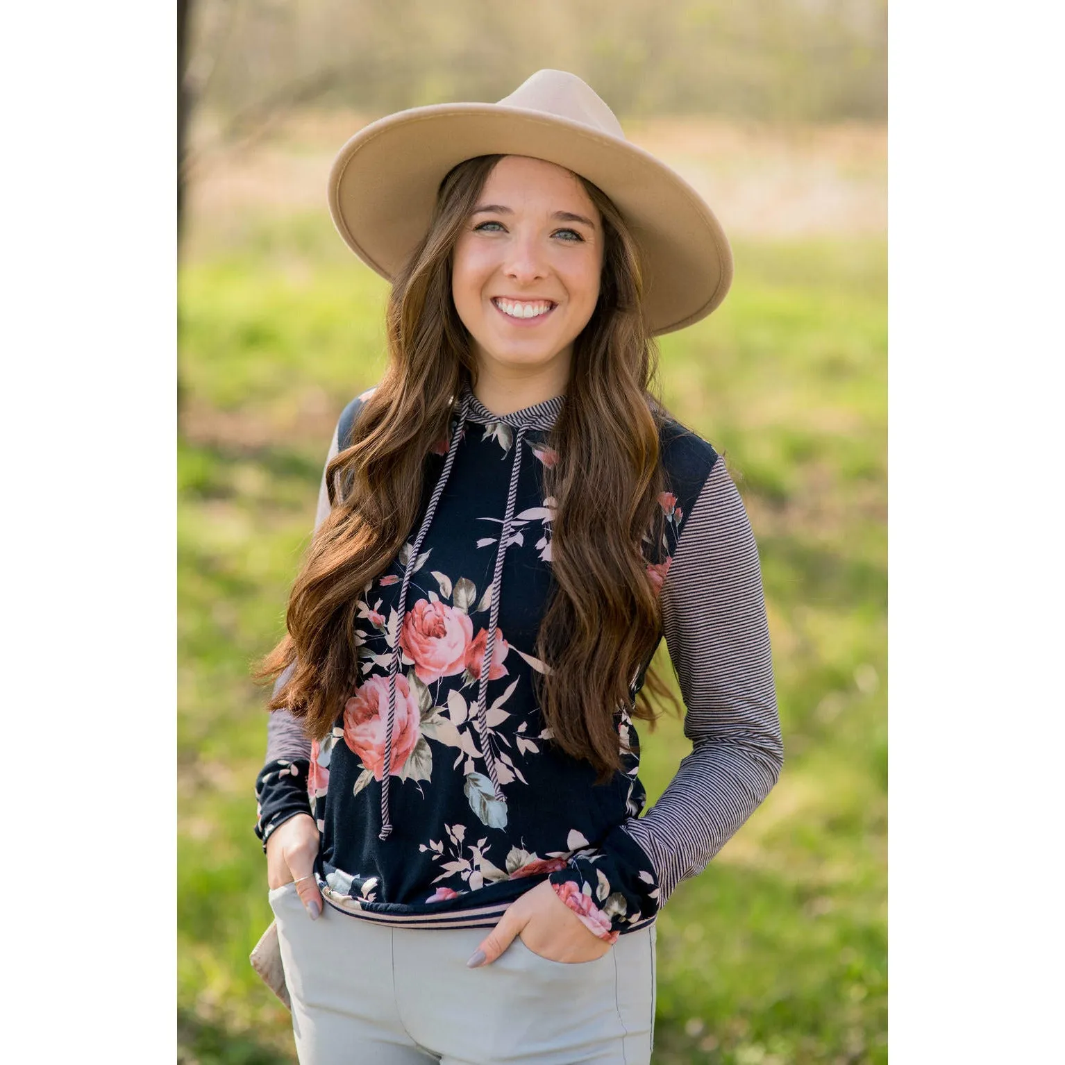 Striped Sleeve Floral Hoodie