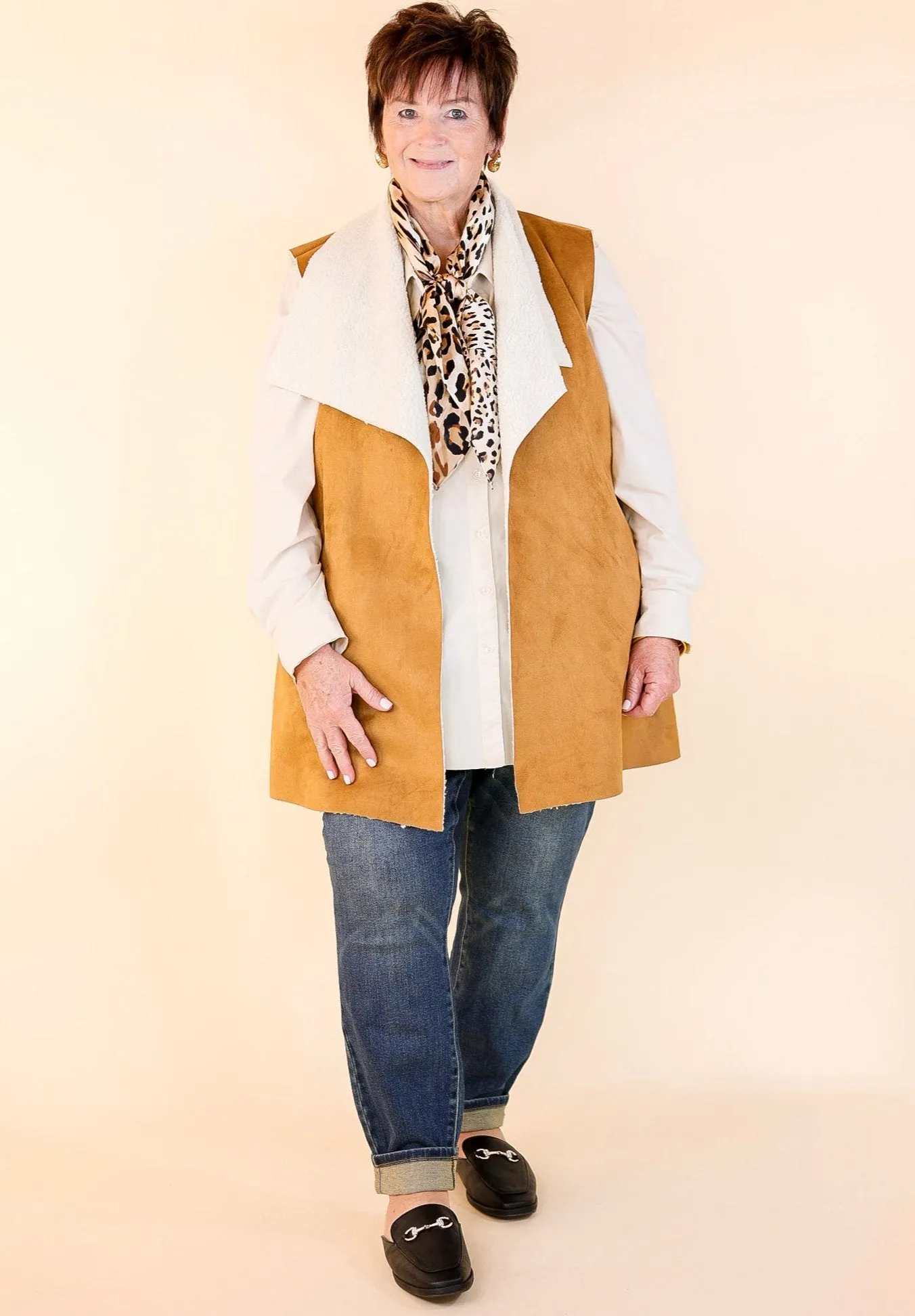 Stylish Vision Faux Buckskin Vest with Sherpa Lining