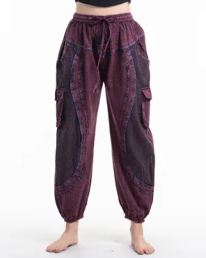 Unisex Patchwork Stone Washed Cargo Cotton Pants in Maroon 03