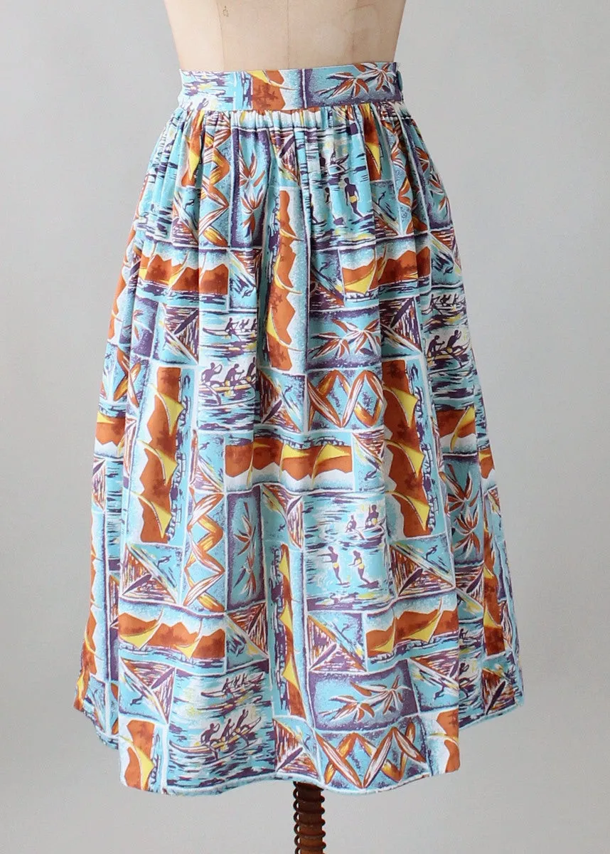 Vintage 1950s Surfer Tiki Print Skirt