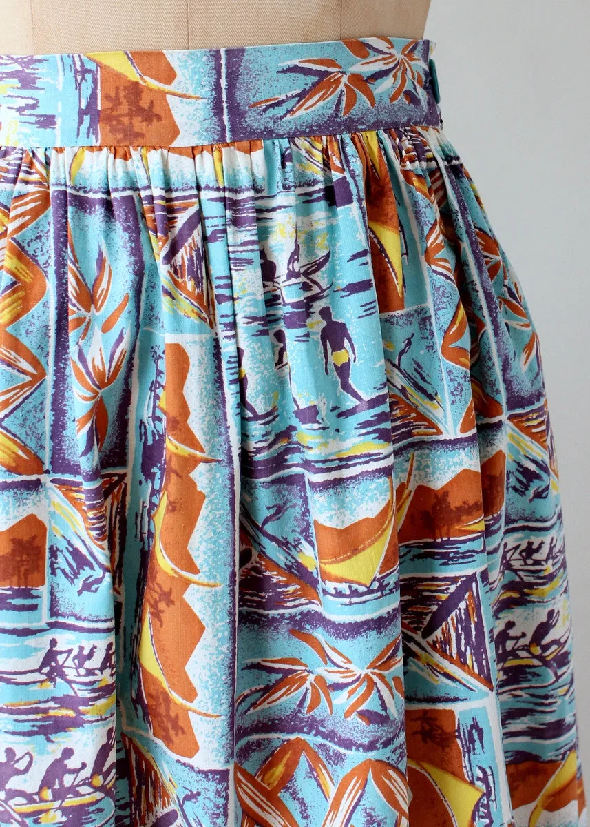 Vintage 1950s Surfer Tiki Print Skirt