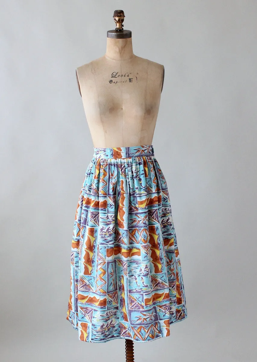 Vintage 1950s Surfer Tiki Print Skirt