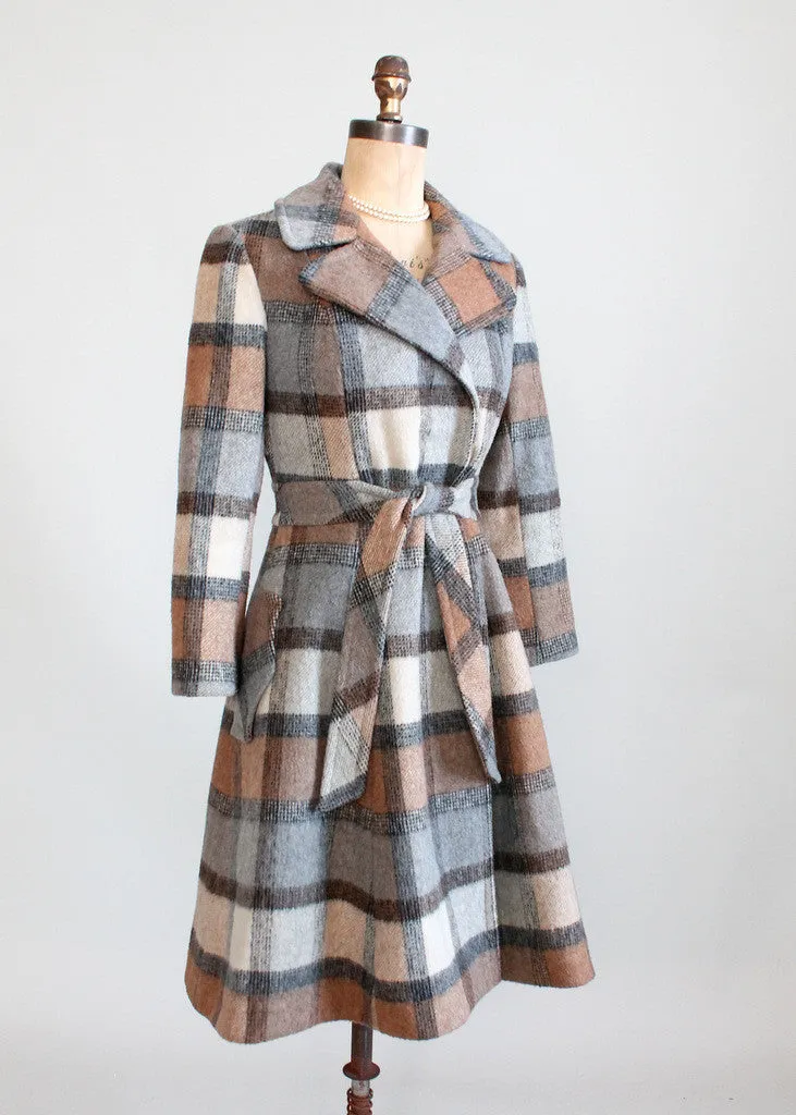 Vintage 1970s Grey and Brown Plaid Princess Coat