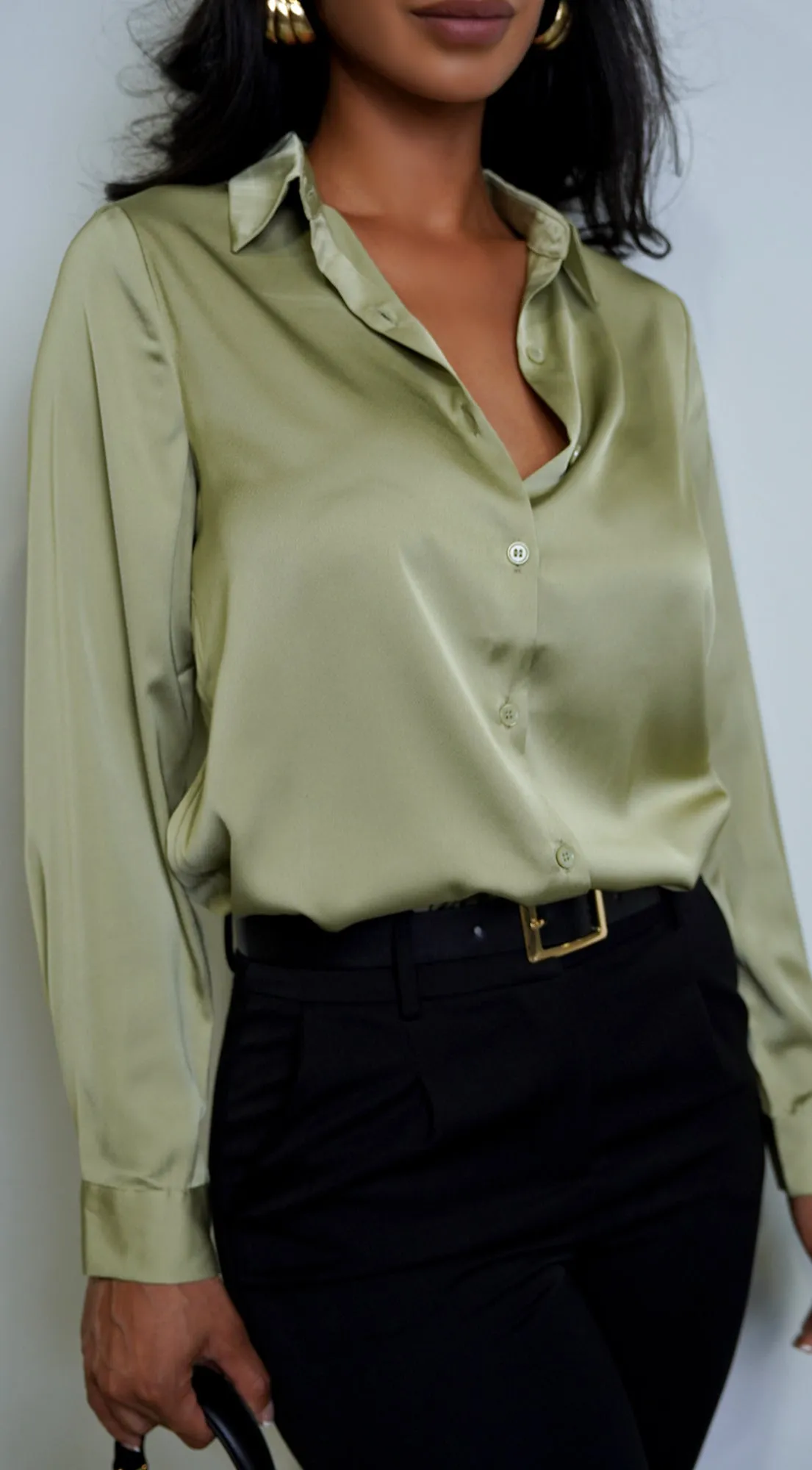 Viv Satin Button Down Classic Shirt - Green